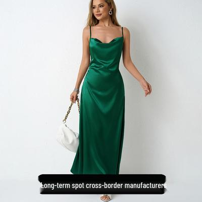 European and American Satin Pleated Sleeveless Dress - Women's Imitation Silk