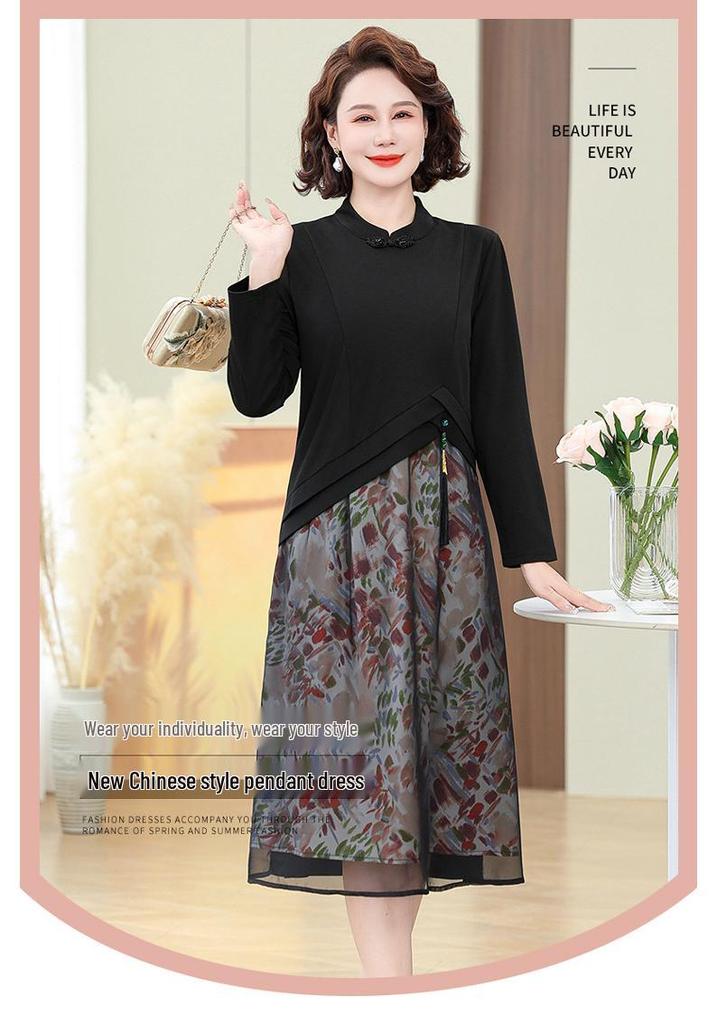 Elegant Splicing Two-Piece Dress: Fashionable Slimming Skirt for Middle-Aged and Elderly Women