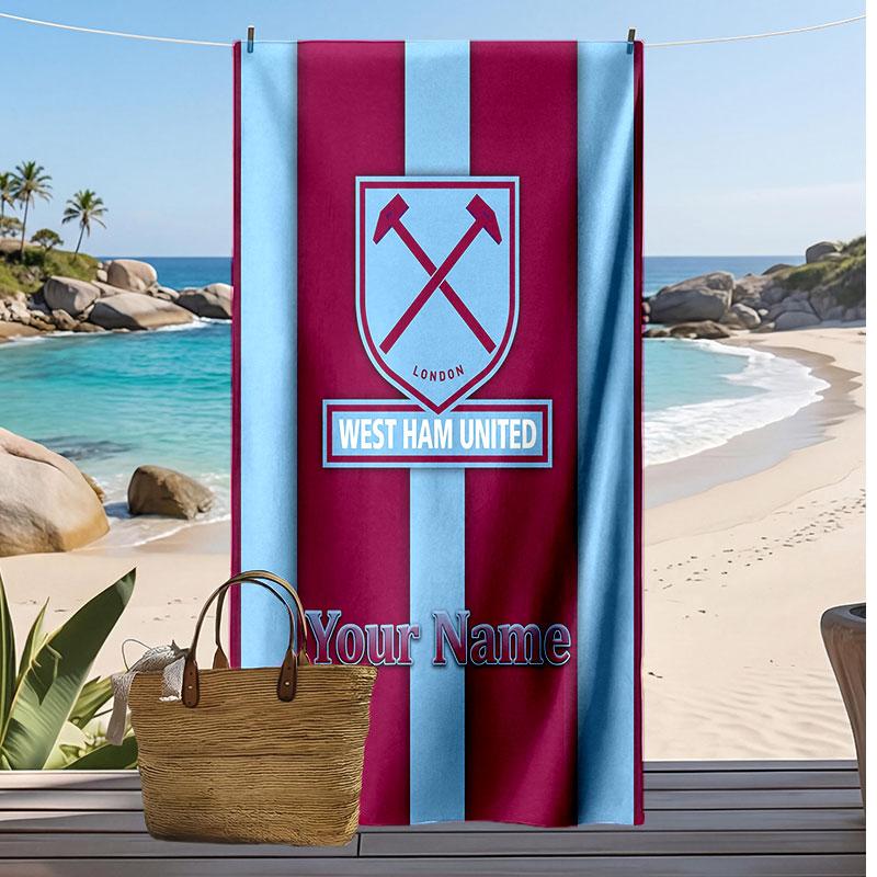 ווסטהאם יונייטד FC מגבת חוף מודפסת אישית לוגו כדורגל תמיכה שם מותאם אישית טקסט מגבת סופגת לספורט נסיעות מתנה מיוחדת