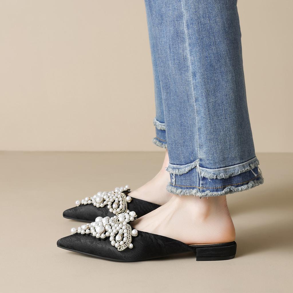 One Pedal Cool Slippers Pearl Rhinestone Chinese Style Flat Bottom Baotou Half Slippers Women's Summer