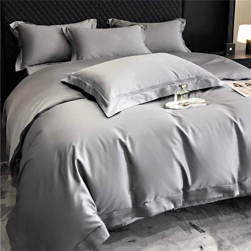 100% Cotton Luxury Minimalist Modern Solid Color 5-Line Stitch 4-Piece Duvet Cover Bedding Set All-Season Premium Home Textiles