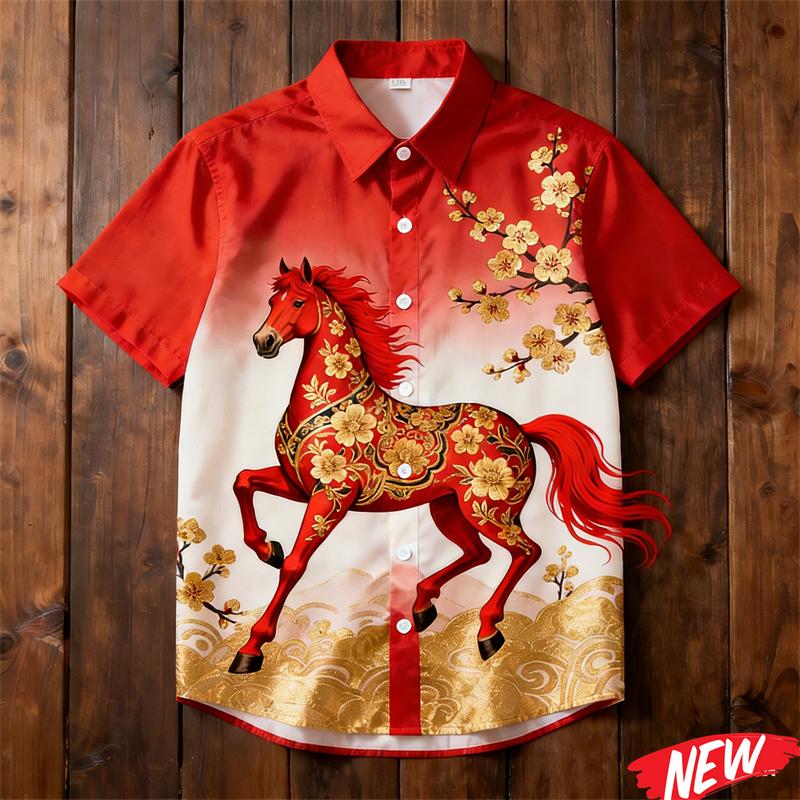 

2026 Horse Year Hawaiian Shirt For Men Women Chinese New Year Party Short Sleeve Shirts Festive Loose Lapel Shirt 5XL