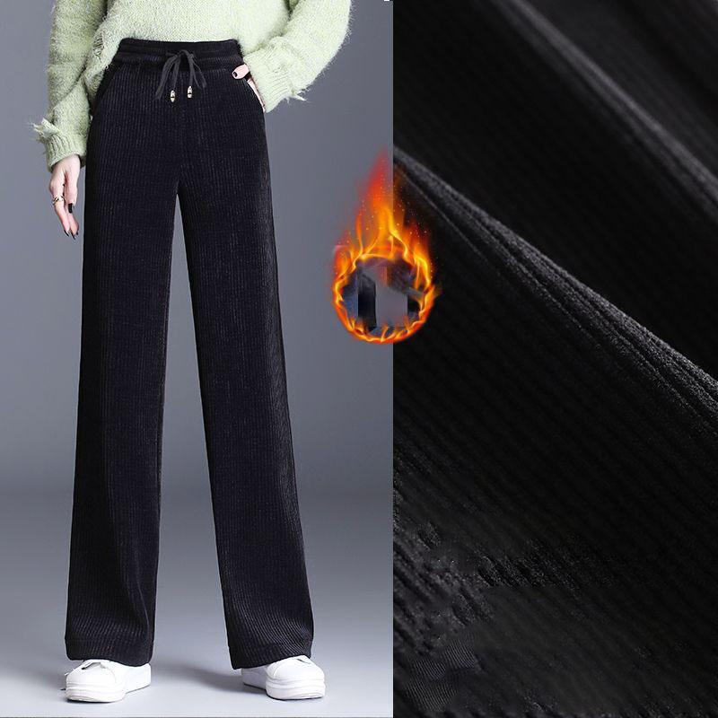 Women's Winter Plus Size Thickened and Padded Warm Solid-coloured Trousers Tall-waisted Thin Casual Straight Trousers