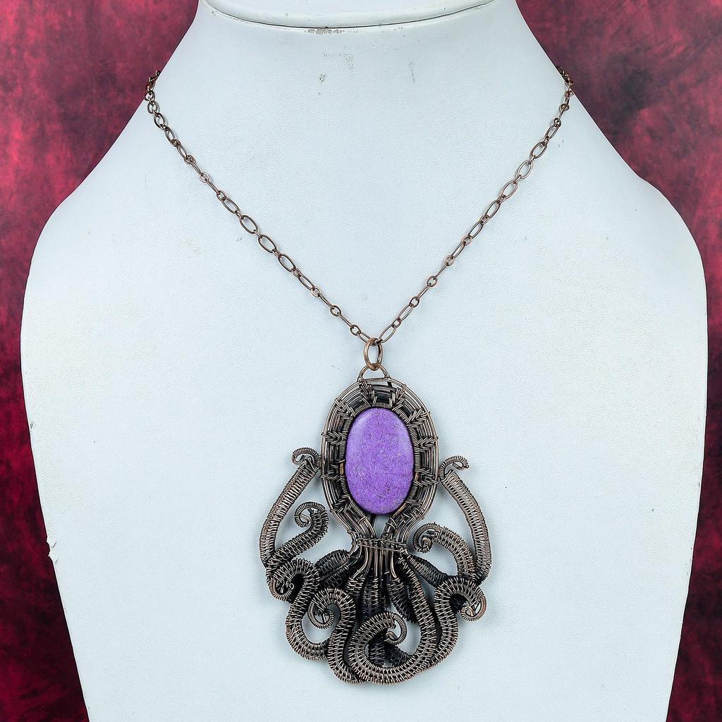 Purpurite Gemstone Pendant Copper Wire Wrapped Octopus Pendant Gifts For Women