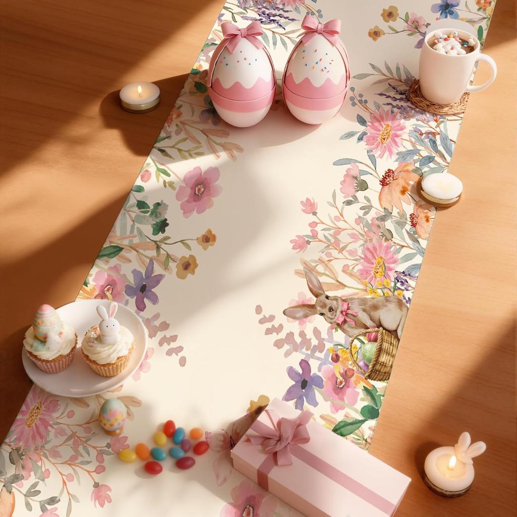 Easter Bunny Flofal Linen Table Runner Dresser Scarf Table Decor Spring Watercolor Wildflowers Table Runners Easter Decorations