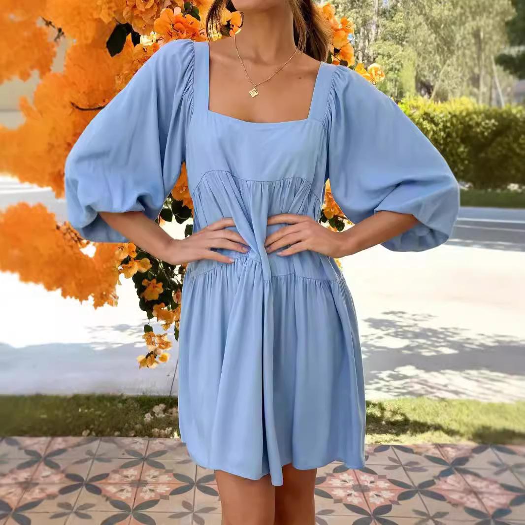 

Жіноча сукня з квадратним вирізом, довгими рукавами-ліхтариками, вільна, багатоярусна XL світло-синій колір