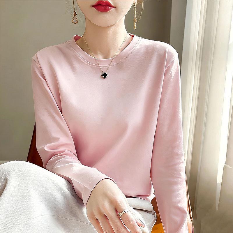 Women's Long-Sleeve Round Neck Loose Base Layer Top, Spring/Autumn Style, Dropped Shoulders, Solid Color