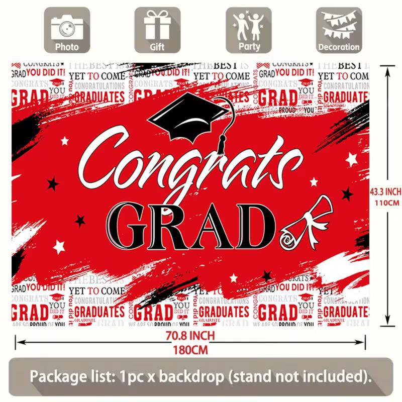 Red Congrats Grad Backdrop, Black and Red Graduation Tapestry with Cap and Diploma for Grad Party