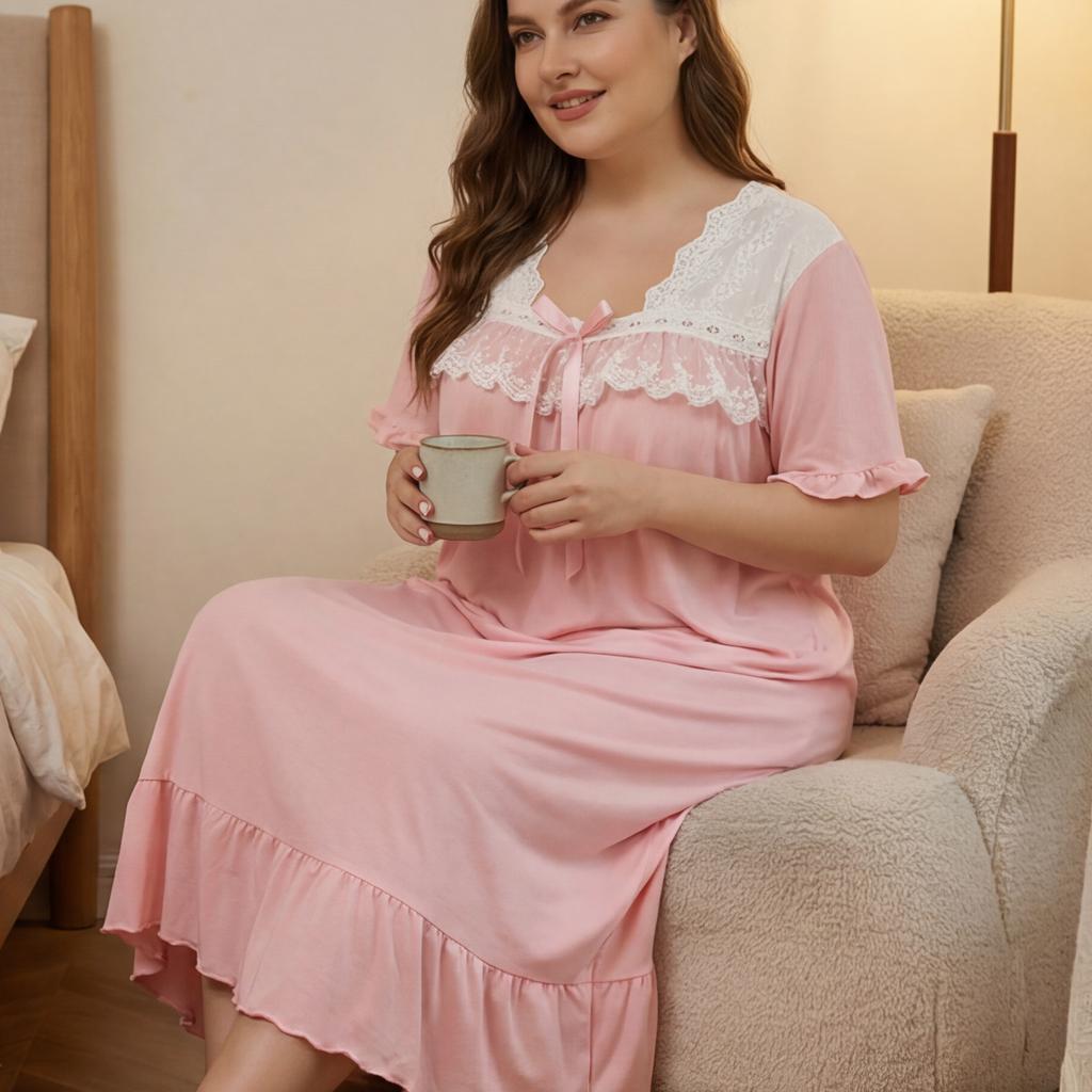 TIFICY Women's Fashion Summer Spring Lace Print Short Sleeve V‑Neck Loose Casual Nightgown