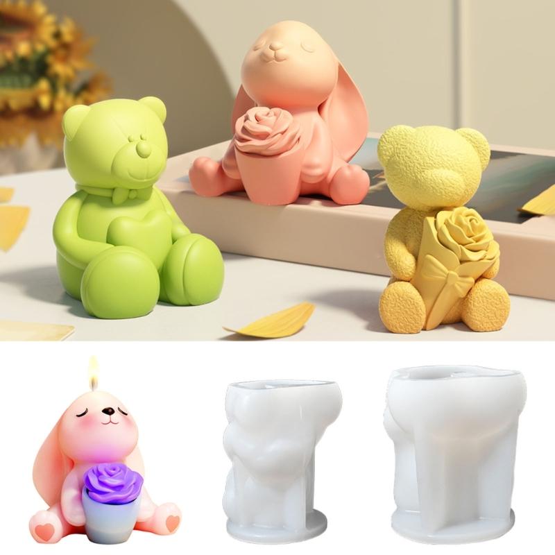 Rose Bunnies Bear Silicone Molds for Making Candle Soap Chocolate Candy Cake Fondant Decoration Gypsum Silicone Molds