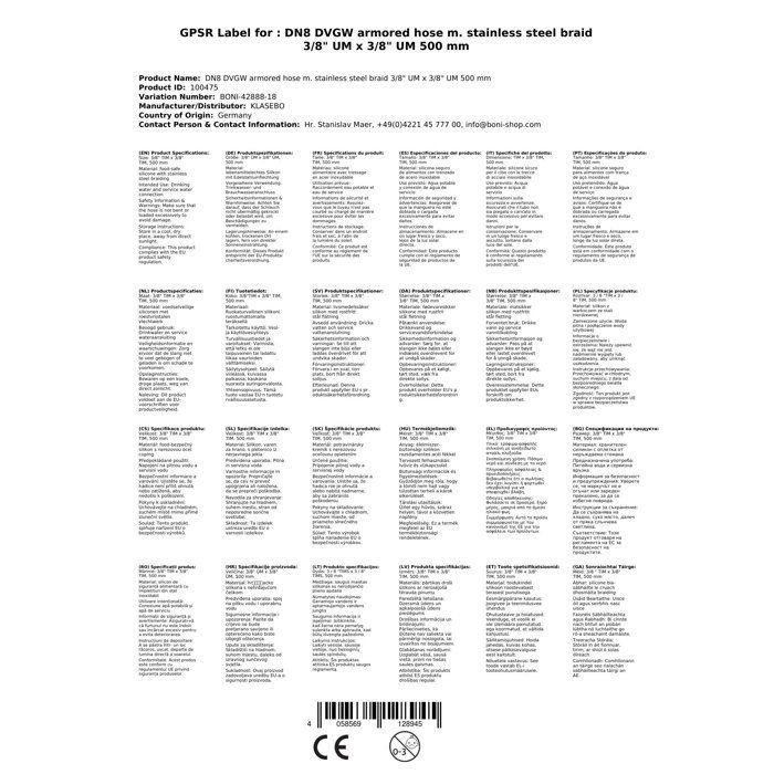 Flexible Inox 3/8, Sanitary Hose Drinking Water, 500mm