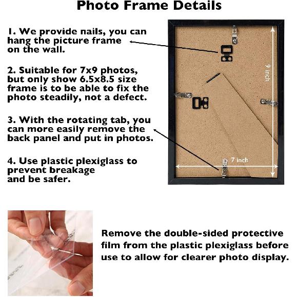 7x9 Picture Frame Black for Wall Hanging or Tabletop- Wall Mounting Horizontally or Vertically, 7 x 9 Wall Gallery Poster Photo Frame for 7 by 9
