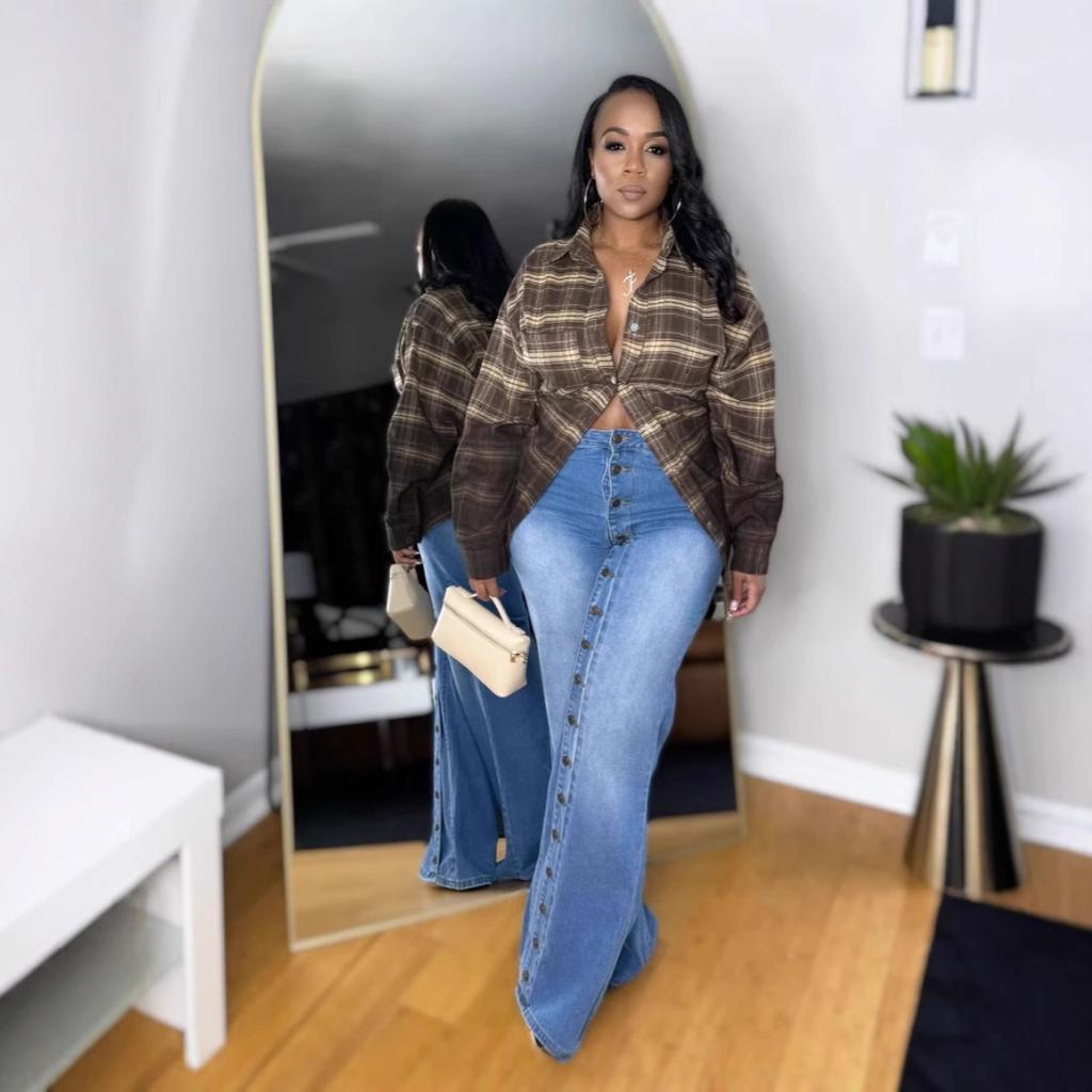 Pantaloni Jeans Larghi a Gamba Dritta a Vita Media con Multi Bottoni Streetwear a Vestibilità Larga da Donna per Primavera Abbigliamento Casual Quotidiano