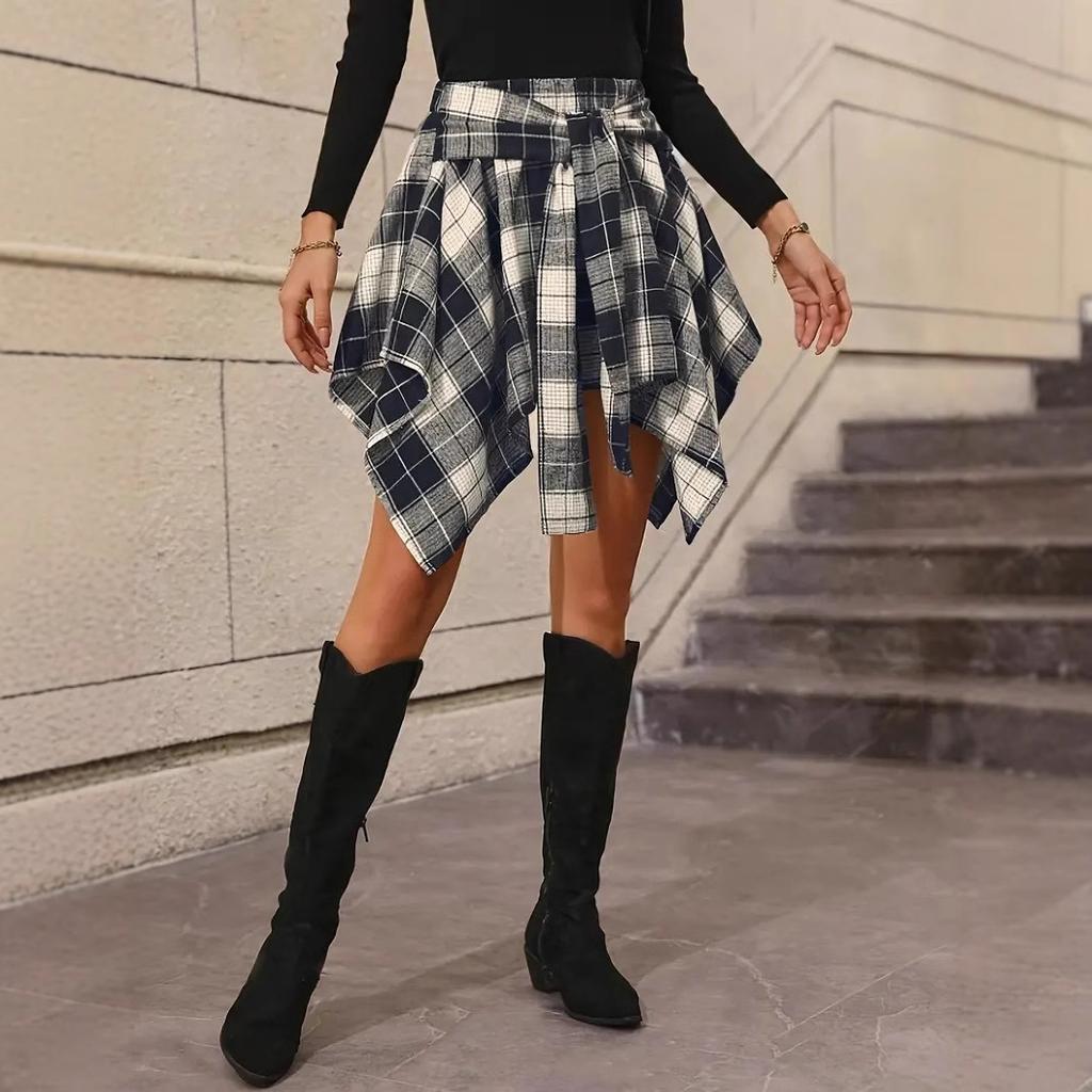 Women Spring Summer High Waist Plaid Printed Irregular A Line Skirt