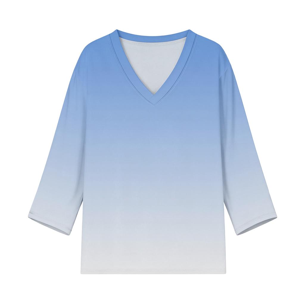 Damen Casual V-Ausschnitt Bluse mit Farbverlauf Blumenprint, geteiltem Saum und 3/4-Ärmeln