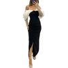 Vestido de noche para mujer, hombros descubiertos, corte bajo, cintura ajustada, dobladillo dividido, manga de malla, color a juego, longitud del tobillo, fiesta de graduación, cóctel, vestido largo de boda