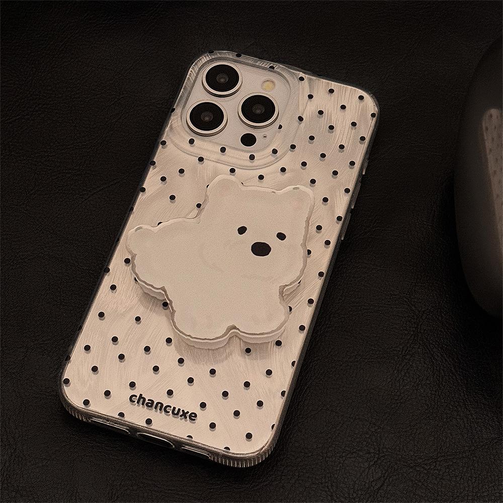Silver Polka Dot Phone Case with Cute Dog Stand