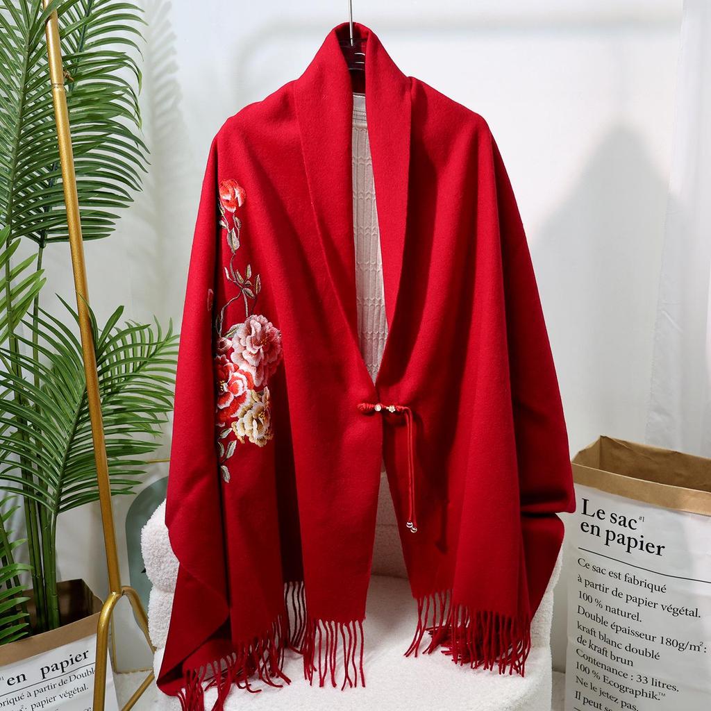 Fular din Lână Brodat în Stil Chinezesc – Șal Elegant de Iarnă pentru Femei, Față-Verso, Accesoriu Cald și la Modă