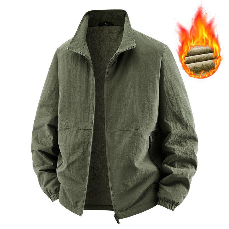Men's Velvet-Lined Stand Collar Winter Jacket - Loose Fit, Plus Sizes Available