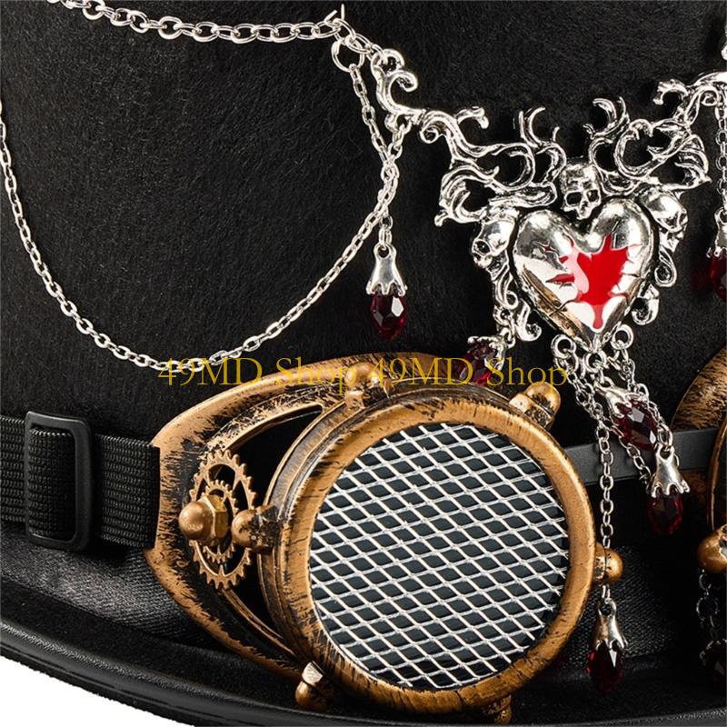 49MD Gothic Rock Wool Top Hat With Chain Pendant Mechanical Gears Removable Goggles And Dramatic For Costume Accessories