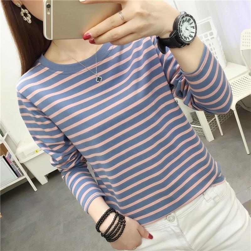 Autumn Plus Size Loose Slim Long Sleeve T Shirt Womens Outer Wear Striped Base Layer Top