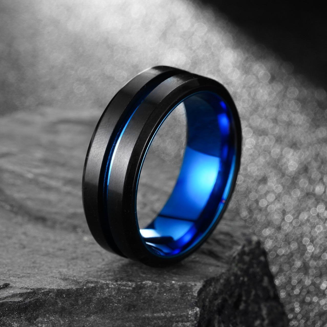 

Cross Fashion Two-Color 8mm Brushed Titanium Steel Ring Size 9 синий