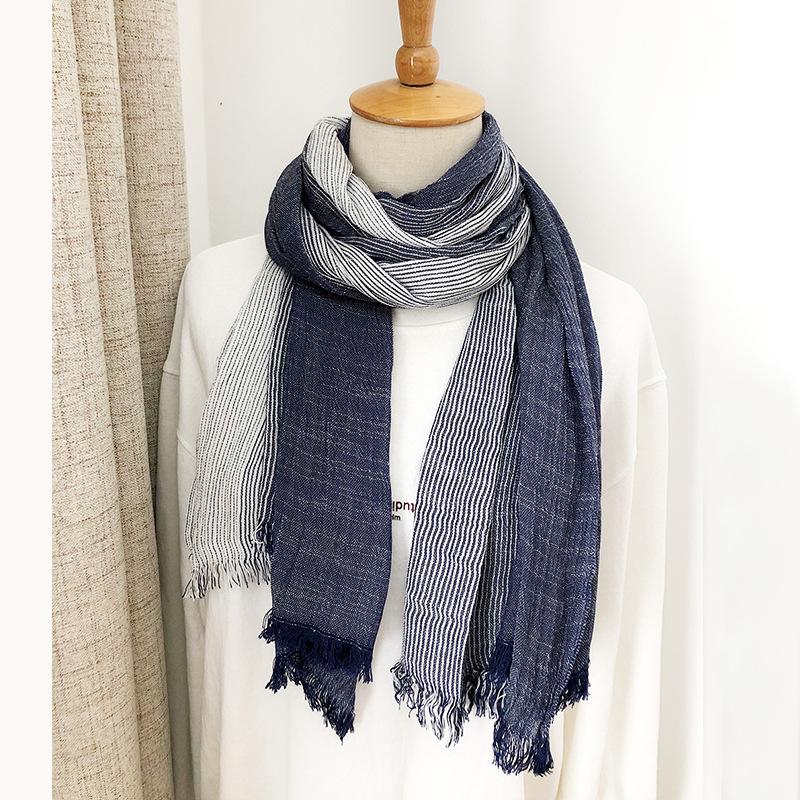 Japanese & Korean Style Autumn/Winter Unisex Striped Scarf In Cotton, Linen & Silk