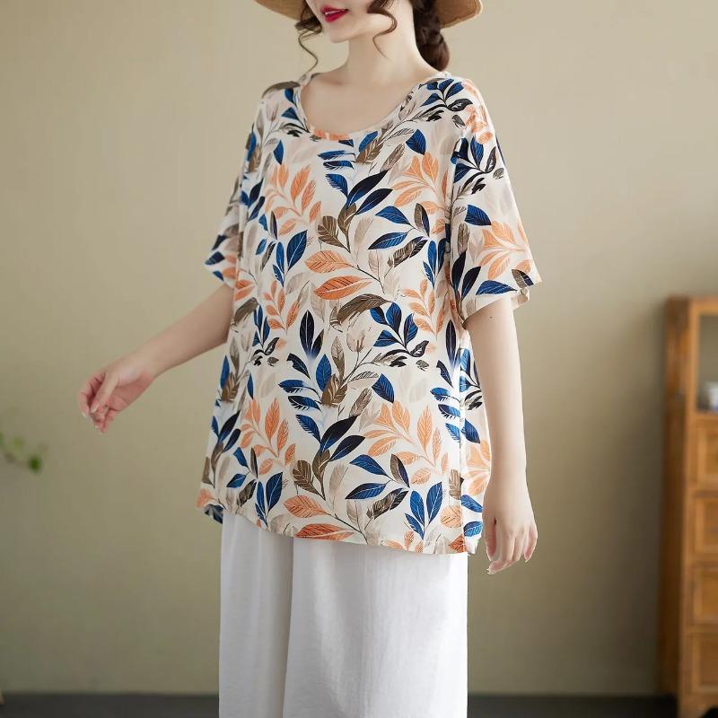 Womens Leaf Print Blouse Casual Round Neck Short Sleeve Loose Fit Top