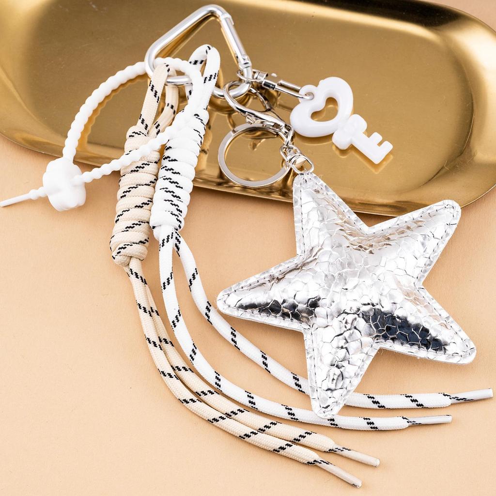 MIU Series Leopard Print PU Leather Pentagram Bag Charm with Bow and Handmade Woven Keyring