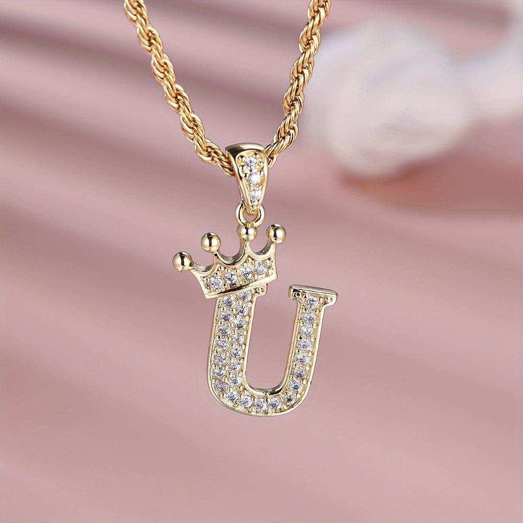 1 Pc Golden Color 26 English Letter Princess Crown Necklace Pendant Wedding Band Jewelry Valentine's Day Gift