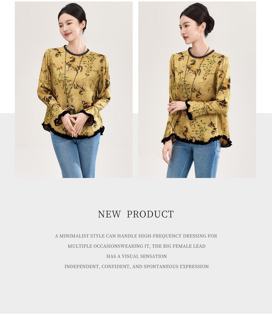 High-Quality Rayon Jacquard Patchwork Velvet Lace Women's Shirt - Early Spring, New Chinese Style