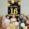Happy 16th Birthday Decorations for Girls and Boys, Black and Gold 16th Birthday Banner Backdrop, Fabric Door Decor Yard Sign Photo Props, 16 Year