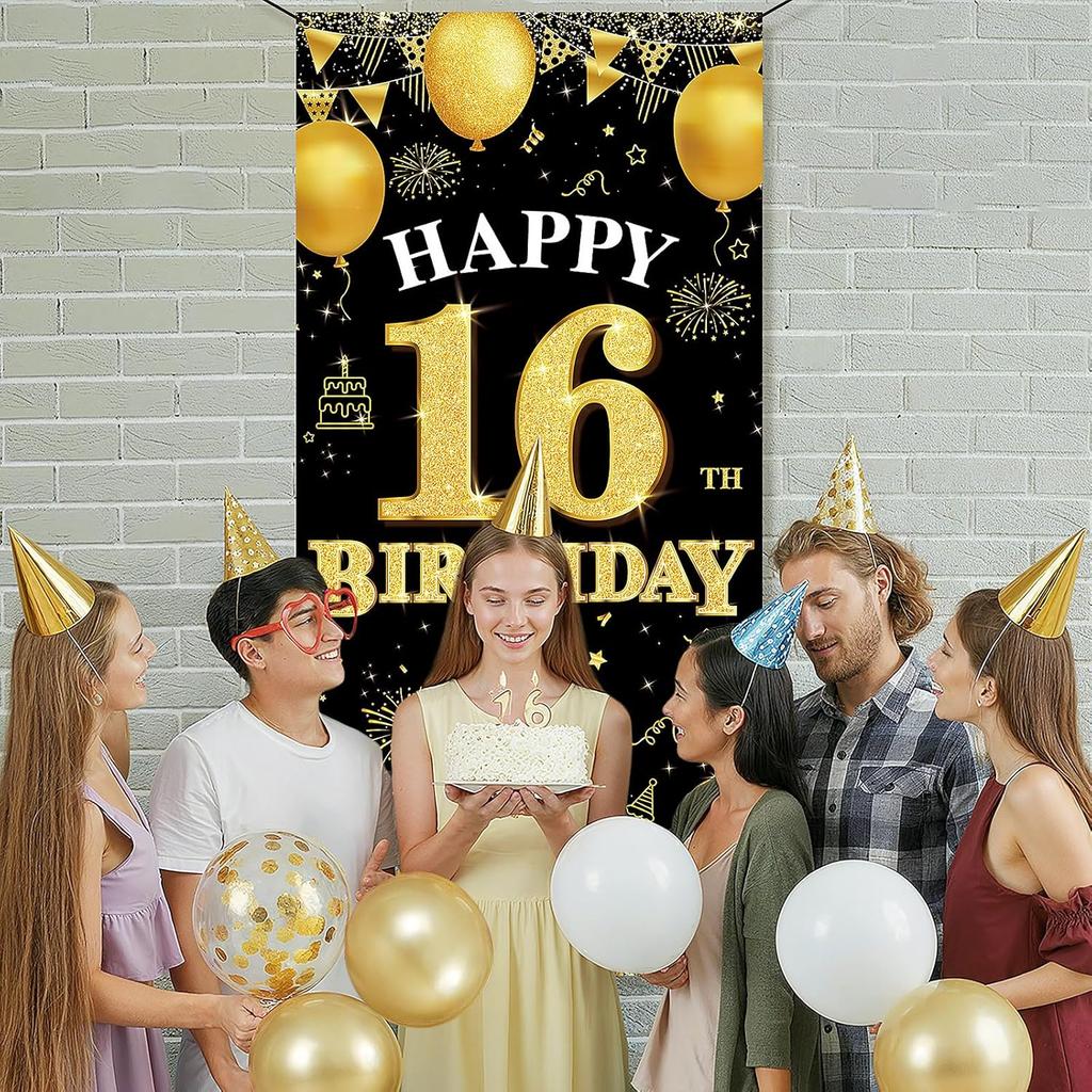 Happy 16th Birthday Decorations for Girls and Boys, Black and Gold 16th Birthday Banner Backdrop, Fabric Door Decor Yard Sign Photo Props, 16 Year