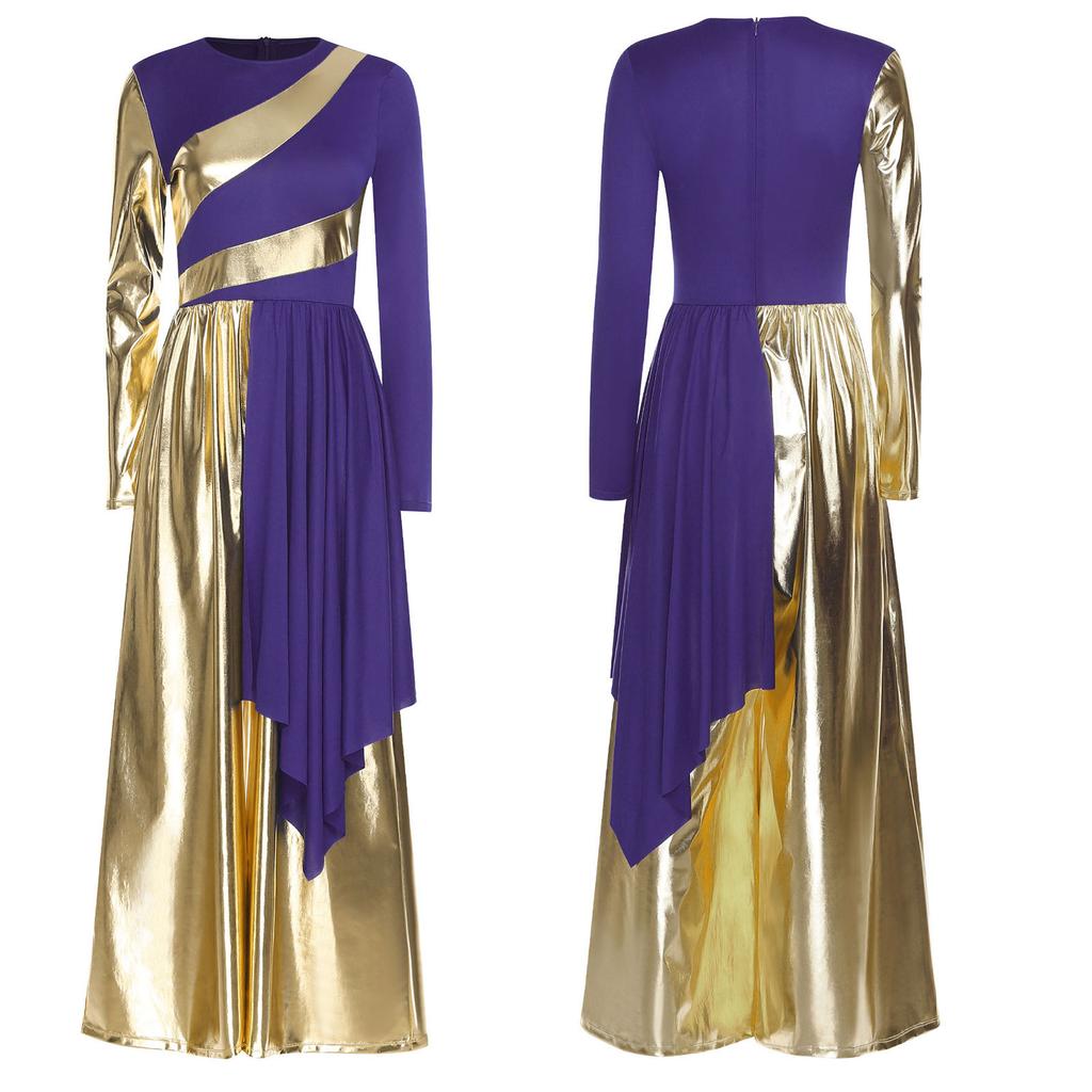S-3XL Versatile Praise Dance Wear: Eye-Catching Metallic Patchwork Jumpsuit Featuring an Artistic Irregular Drape Design