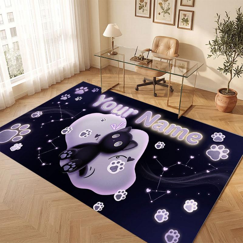 Cat Theme Crystal Velvet Floor Rug Personalized Custom Name Text Warm Carpet Home Decoration