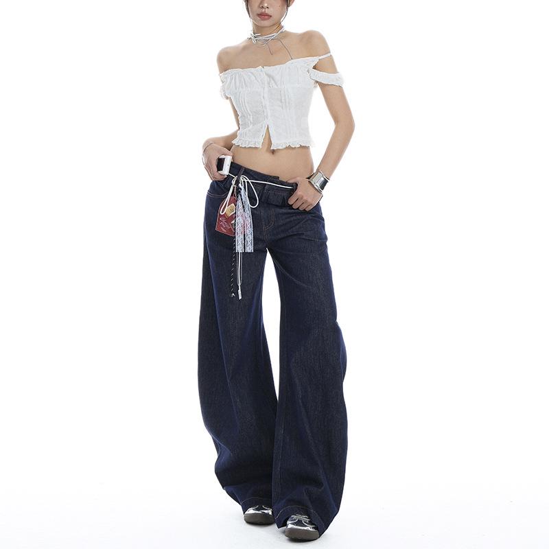 Women's Spliced Double Waistband Curved Leg Jeans - American Design, Loose Fit, Slimming, Wide Leg, for Spring & Autumn 2025