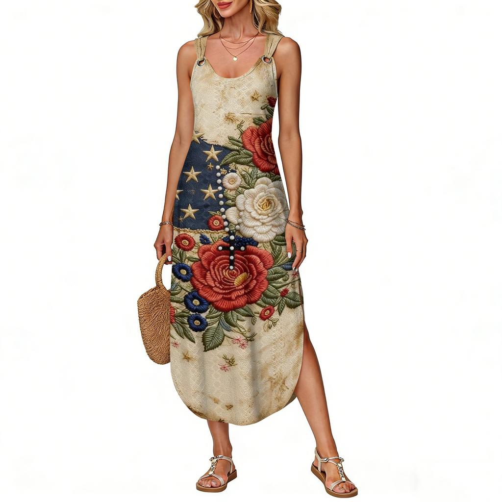 Women's Summer Long Dress Sleeveless Side Slit Long Independence Day Print Vacator Dress