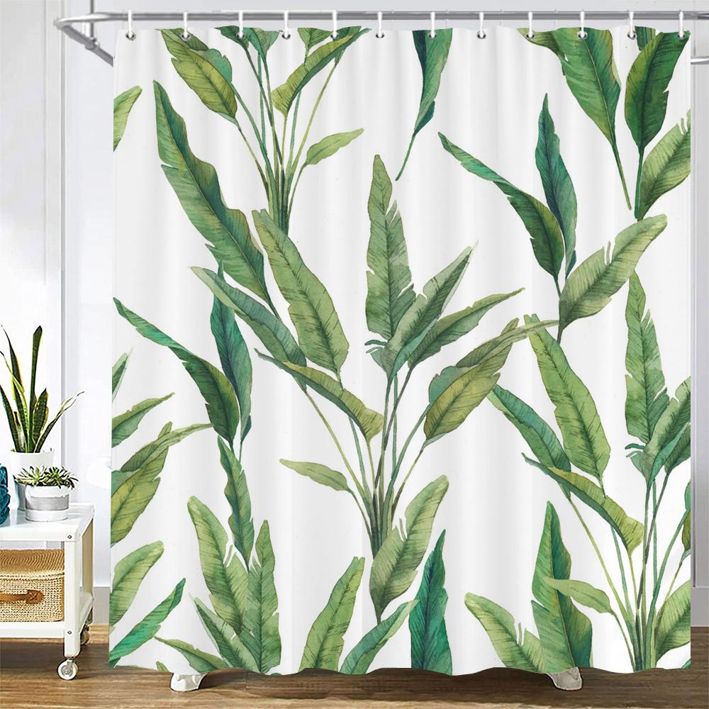 1 pack of Green leaf plant pattern polyester shower curtain bathroom partition curtain with hooks home decorative curtain