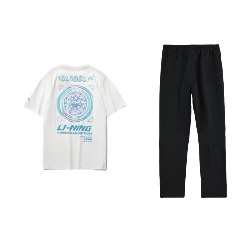 Li Ning Casual Sportswear Men's Clothing Set White T Shirt+Black Pants Crew Neck Moderate AHSR167-1+AYKT413-1