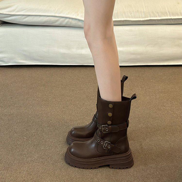 Maillard short boots women's 2026 autumn and winter new thick-soled Martin boots belt buckle mid-tube western cowboy boots