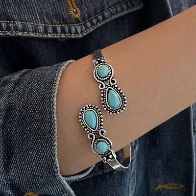 1/2PCS Bohemian Blue Droplet Stone Regulowana Bransoletka dla Kobiet Vintage Sun Star Etniczny Wzór Łańcuch Akcesoria Modna Biżuteria Prezent