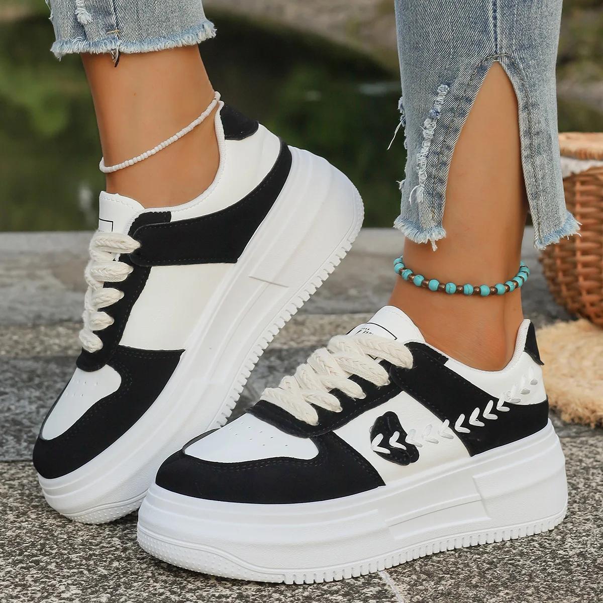 

Fashion Fashion Thick Bottom Women 2025 Autumn Round Toe Stitching Decoration Lace Up Sneakers Non Slip Sports Shoes Zapatillas De Mujer 40 чёрный