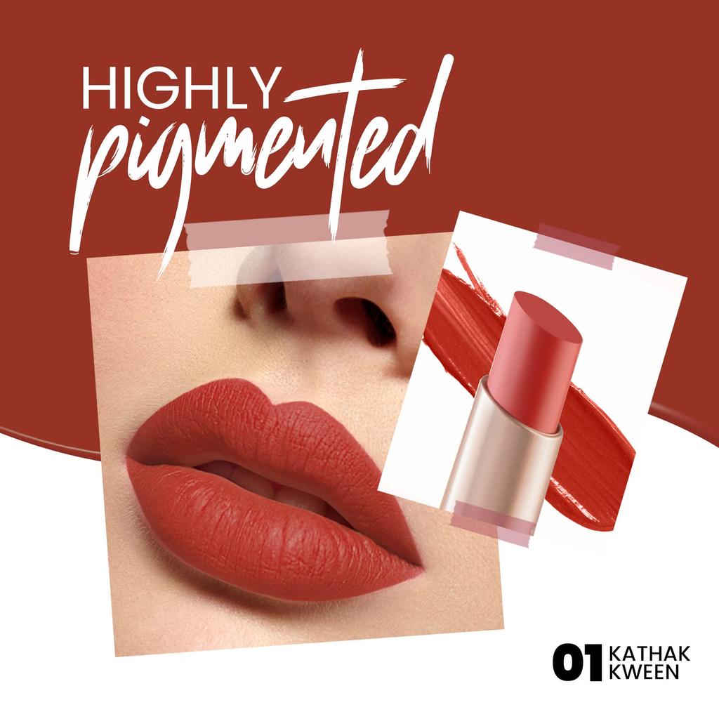 MARS Creamy Matte Long Lasting Lipstick for Women | Creamy Lipstick | Single Swipe Application | Smooth & Light Weight (3.2 Gm) (01-Kathak Kween)