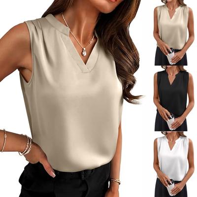 Women's Summer New V-neck Solid Color Vest Pleated Sleeveless Satin Shirt