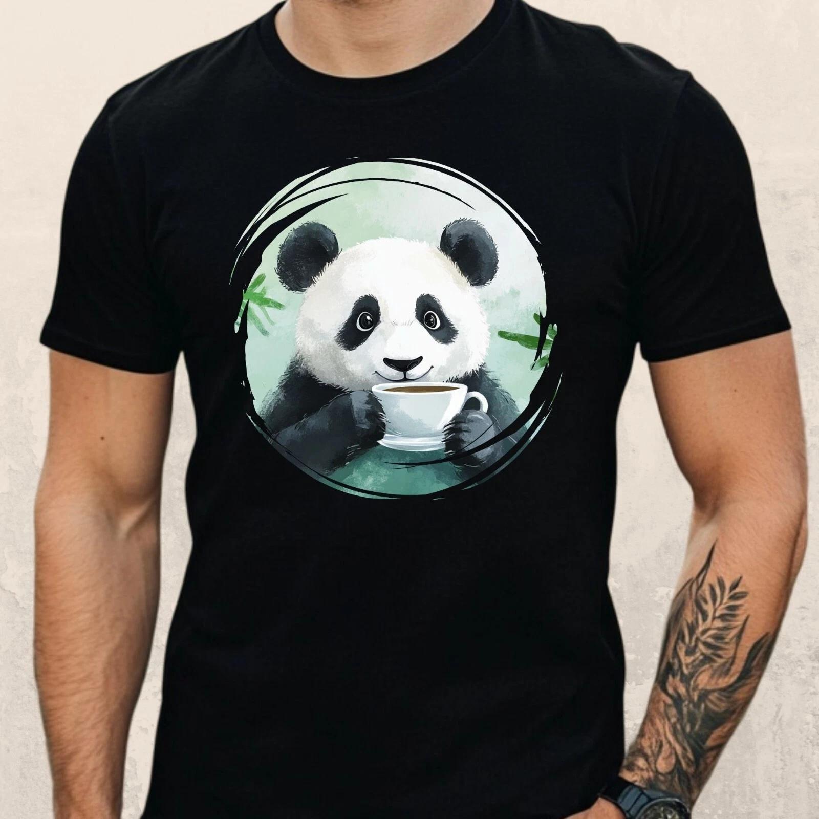 T-Shirt Herren Panda trinkt Kaffee Motiv Baumwolle Größe S bis 5XL XS