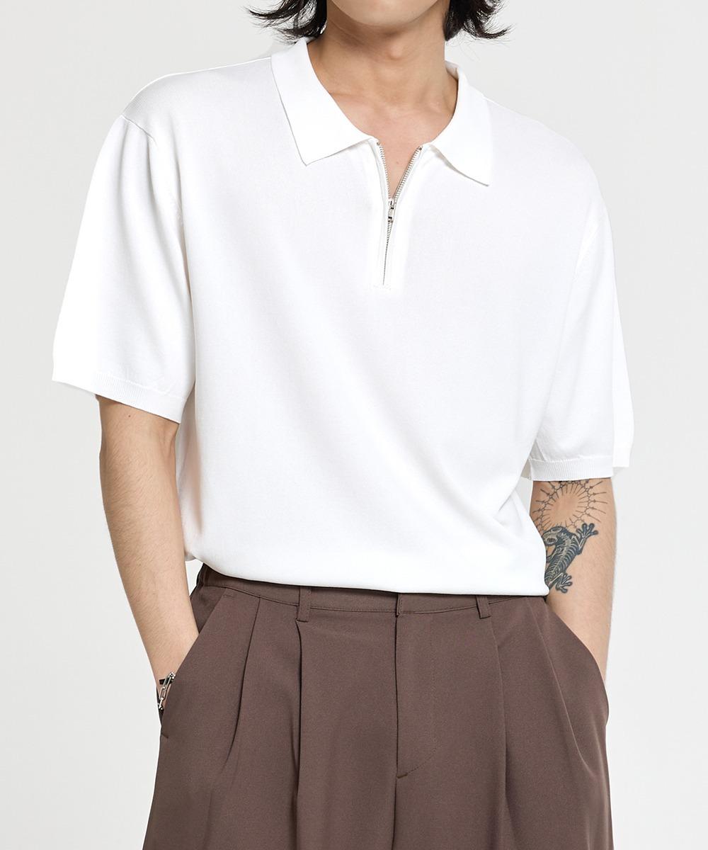 Age O.D. Washable Half-Zip Collared Short-Sleeve Knit [Ivory] Ivory/L