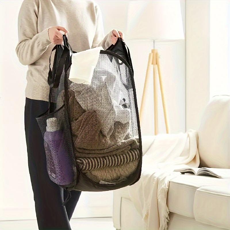 1pc Collapsible Mesh Laundry Hamper with Durable Handles & Side Pockets - Portable Expandable Clothes Basket for Dorm, Bathroom, Travel