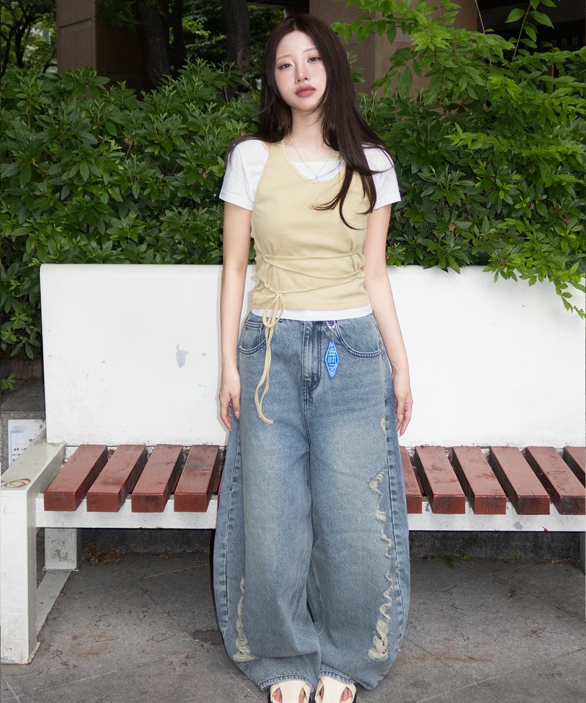 Sekeondeusolteu Balloon Damaged Denim Pants (Vintage Blue)