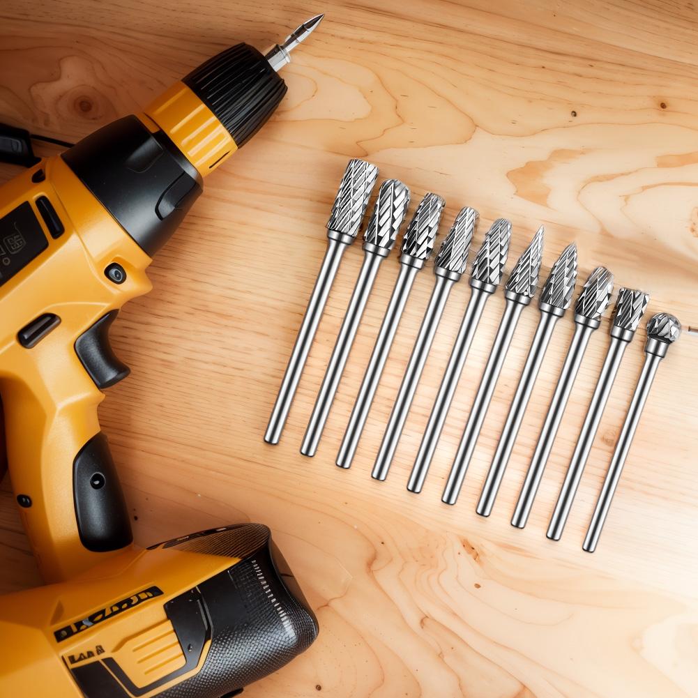 10Pcs Long Shank Carbide Rotary Burr File Double Cut Rotary Tool Rasp File for Metal Welds Carving Cutting Engraving Porting