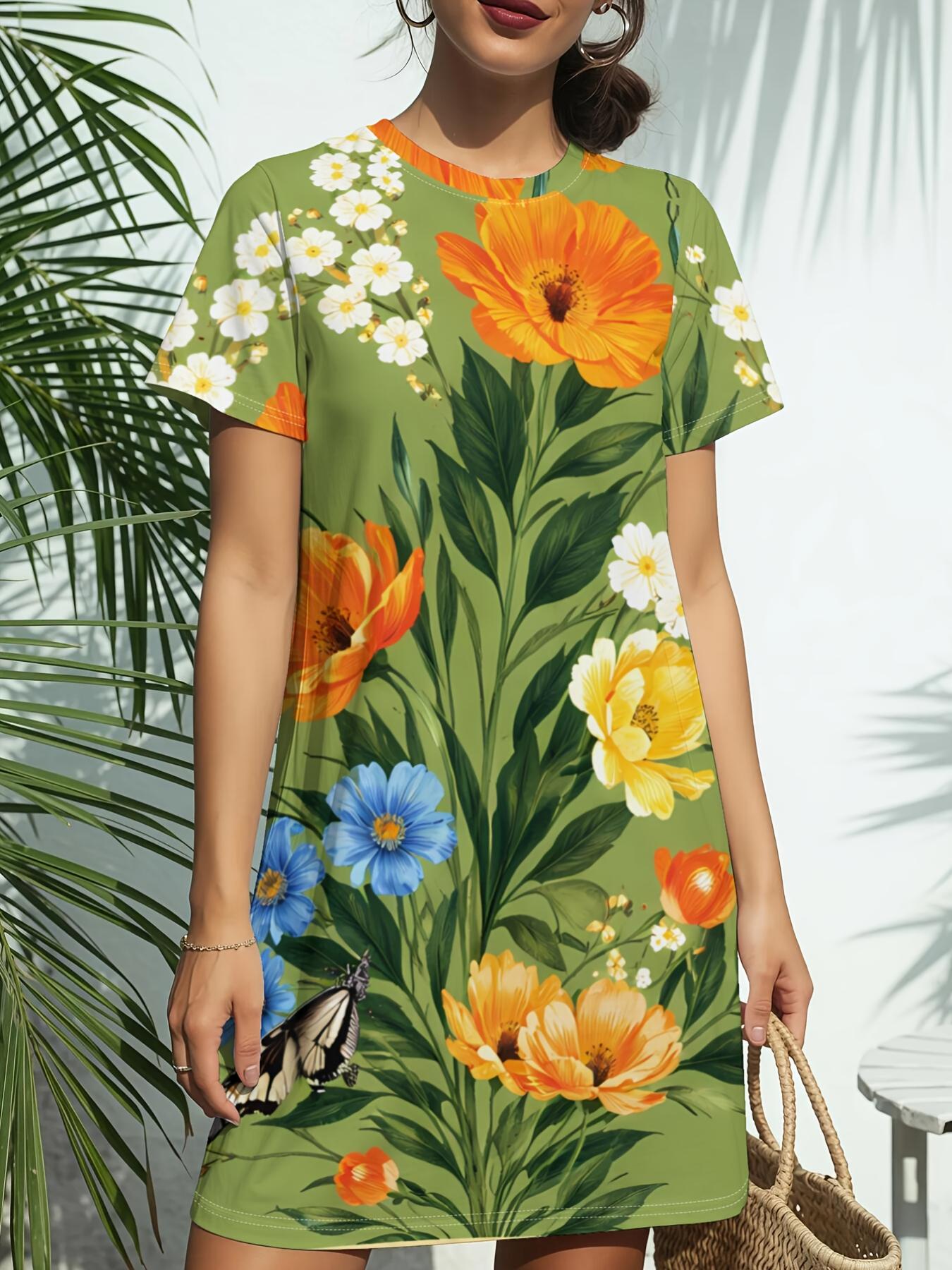 

Spring Bouquet New Women S Round Neck Short Sleeve T-Shirt Dress. American Style Trend Digital Printing. Casual And Versatile for Spring And Summer. E 5XL дубильна кора
